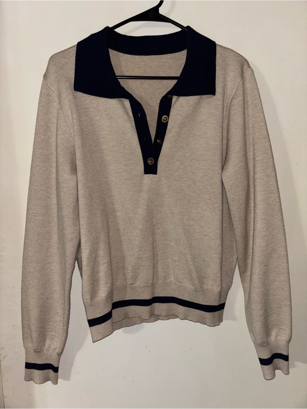 Women's Beige V-Neck Sweater with Navy Trim